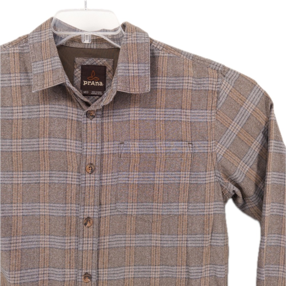 prAna Mens Medium Los Feliz Flannel Shirt Brown Plaid Organic Cotton Gorpcore